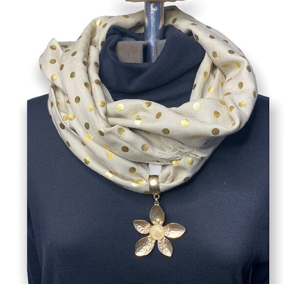 Gold tone flower scarf charm with rhinestones and opal like stone in center 3” - Picture 9 of 9